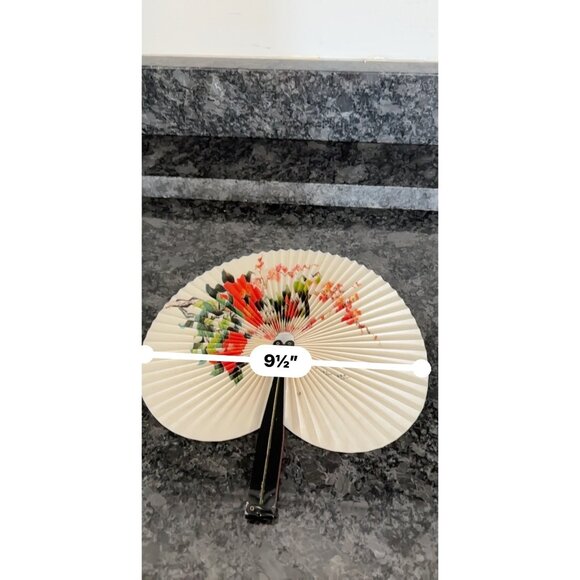 Vintage Chinese Fan With Floral Design Bird & Black Handle Virgin Islands - Picture 14 of 15